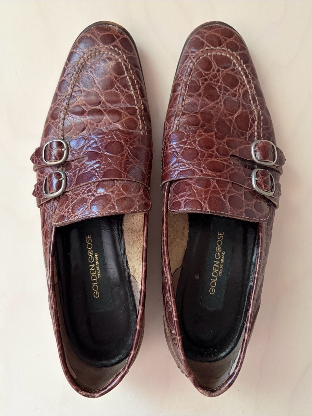 Golden Goose Brown Croc-Embossed Double Monk Loafers